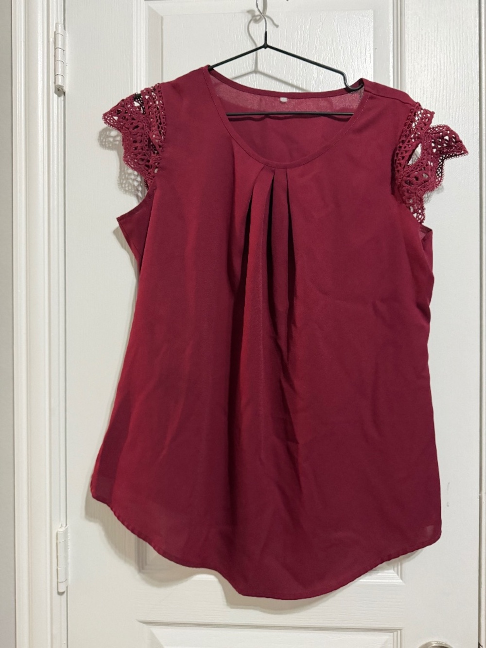 Burgundy Pleated Crochet Lace Cap Sleeve Blouse Like New